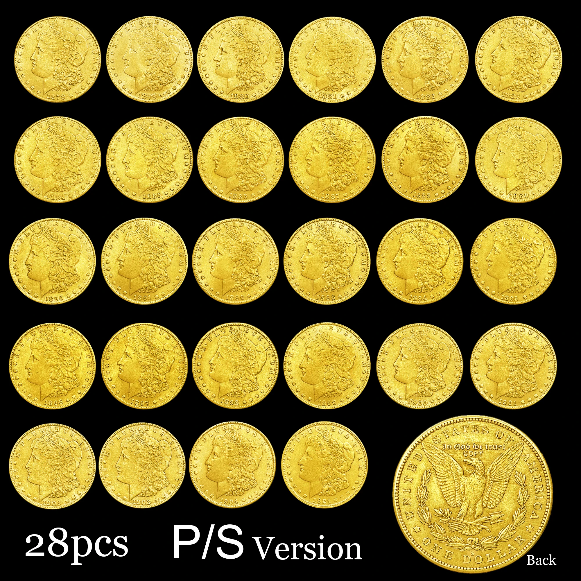 

28pcs US 1878-1921 P/S Version Gold Morgan Copy Commemorative Coins Essential Souvenirs for Collectors Home Decor Metal Medal