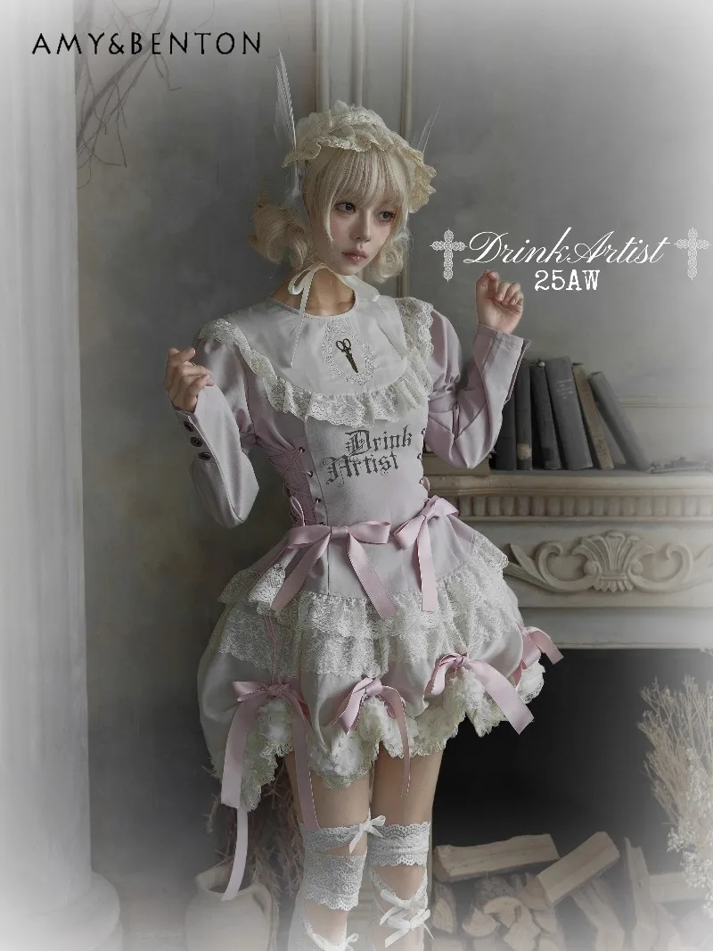 الحلو كول الوردي المطبوعة الدانتيل التعادل ضئيلة طويلة الأكمام رفع هيم قميص كعكة تنورة مجموعة ثقافة فرعية القوطي قطعتين مجموعات الملابس النسائية #2