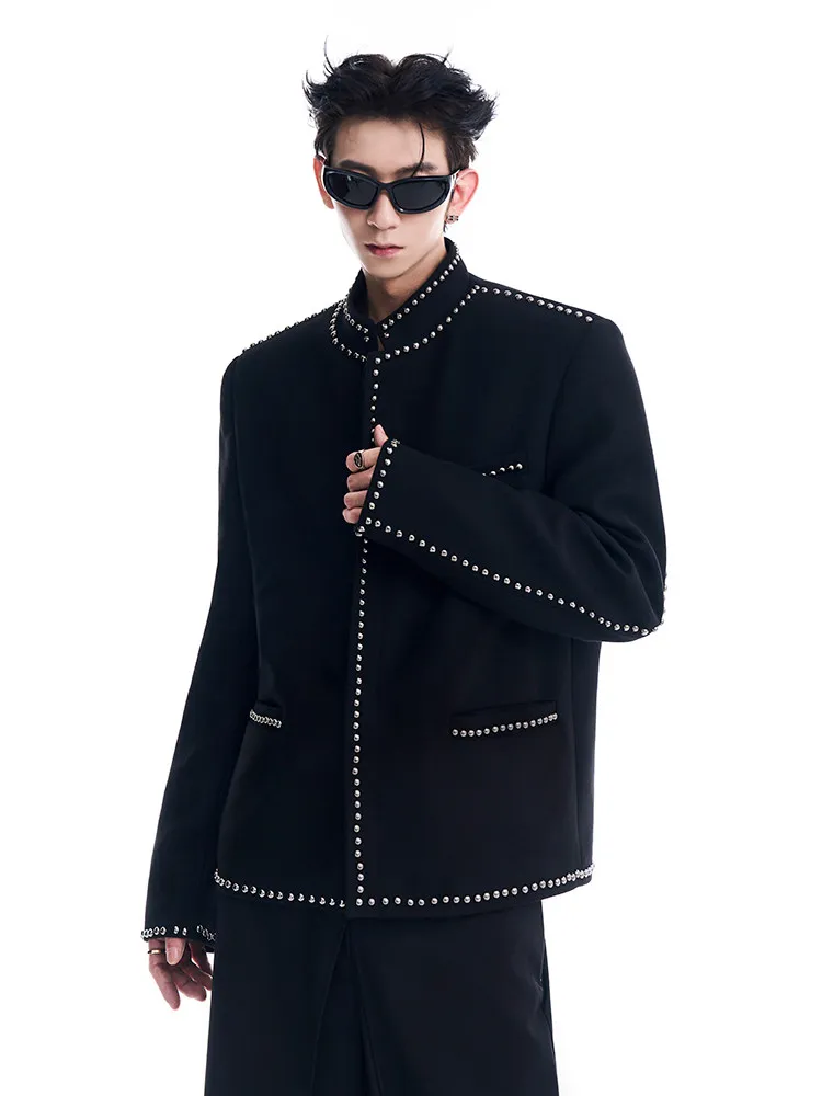 

StarTexceedend Short Men's Suit Jacket with Nail Design Small Fragrance Style Casual Korean Style Long Sleeve Stand Collar