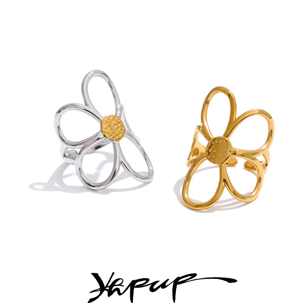 Yhpup Trendy Stainless Steel Metal Flower Adjustable Fashion Finger Ring Rust Proof Attractive Daily Jewelry Accessories Gift
