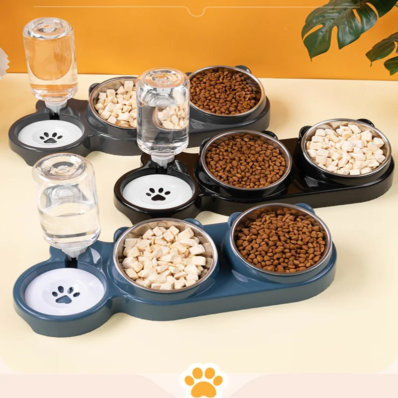 Cuenco para gatos, cuenco para perros con boca inclinada, cuenco de arroz para gatos, cuenco doble de acero inoxidable, cuenco para mascotas con recarga automática, tarifa para beber tres en uno