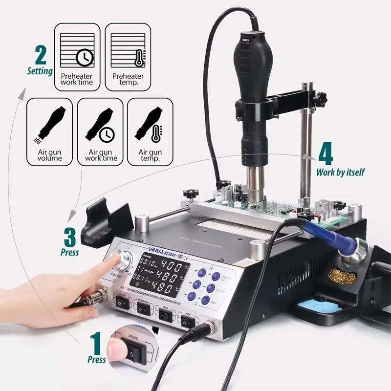 

853AAA+ Профессиональная паяльная станция с предварительным нагревателем и цифровым паяльником