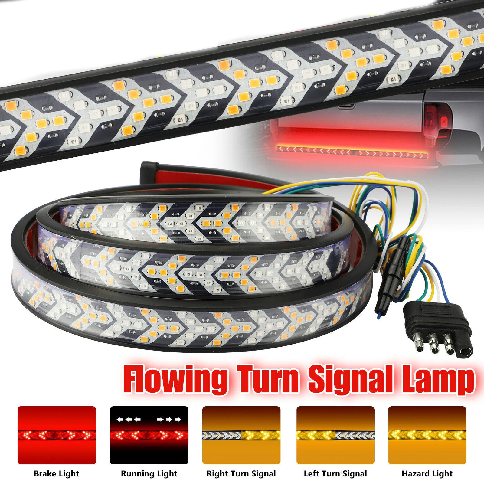 12V Car Brake Turn Light Signal Flexible RV SUV LED Strip Rear Tail Reverse Double Flash Lights for Pickup Trunk Cargo Jeep