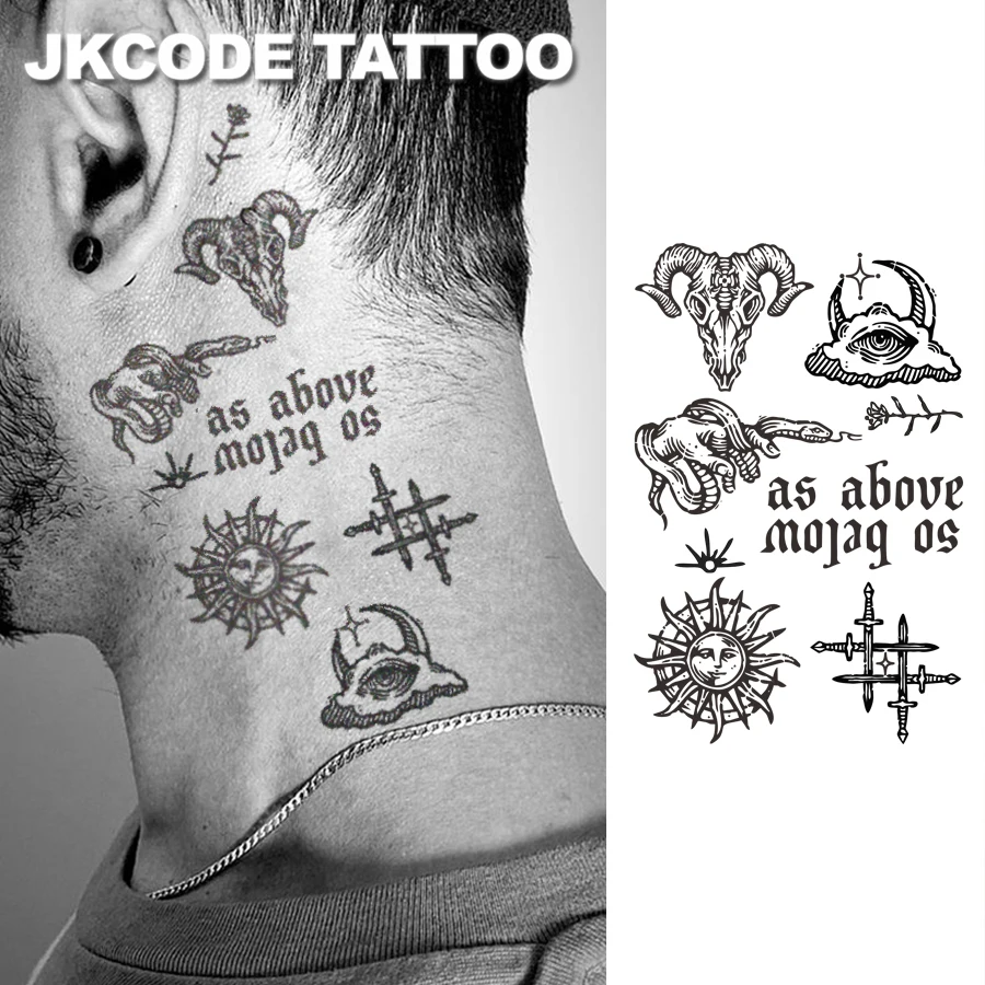 Diablo Gothic - Sun Moon Snake Sheep Skull Sword - Herbal Temporary Tattoo Dark Cool Style Totem - English Text Finger Sticker Graffiti Men's Style Warm Women's Style Hand and Neck Dual-Use Tattoo Sticker Long-Lasting Waterproof for 15 Days