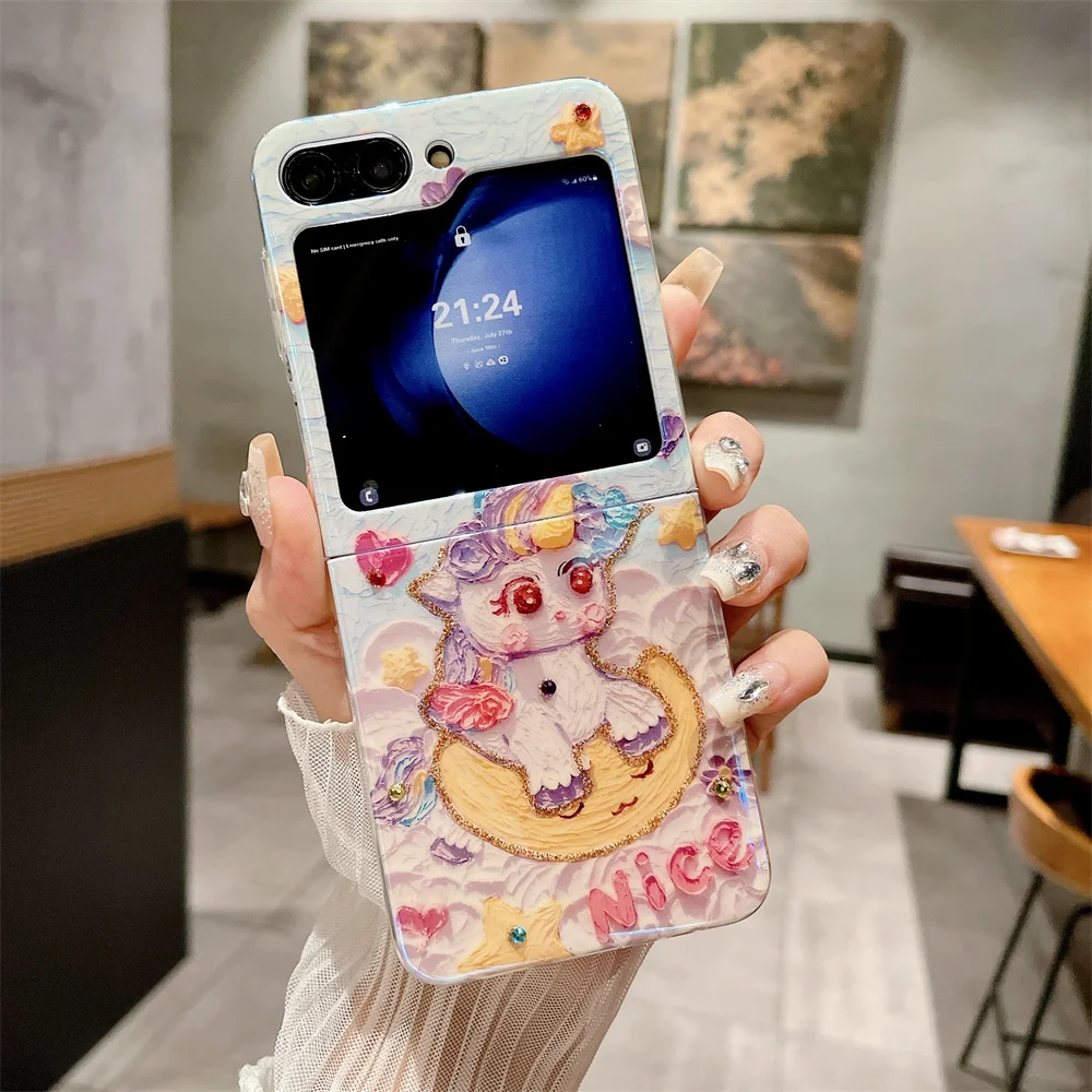 Cute Cartoon Jewelled Phone Case For Samsung Galaxy Z Flip 3 4 5 5G Blu-ray Shockproof PC Protection Hard Shell Back Cover