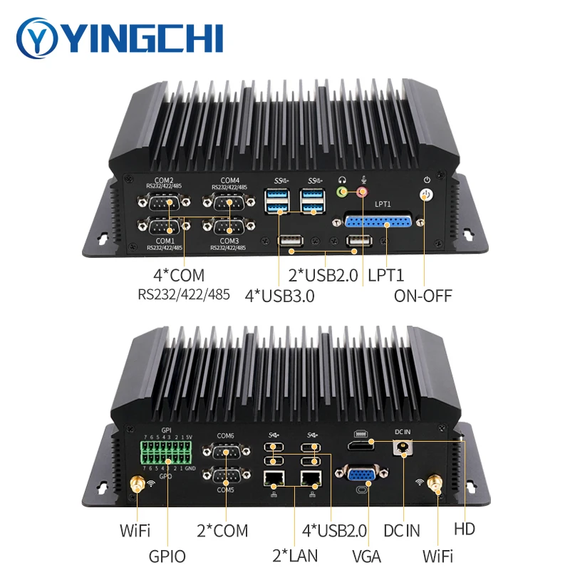 YINGCHI Mini PC Intel Core i5 4200U/5200U i7 4600U 6 COM 2 LAN Fanless Micro Industrial Computer