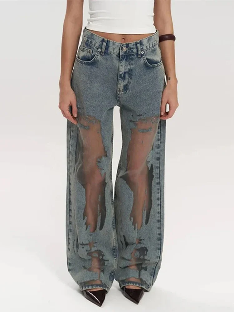 American Retro Straight Jeans Women Hollowed Out Gradient Jeans, Loose Wide Leg Pants, Ins