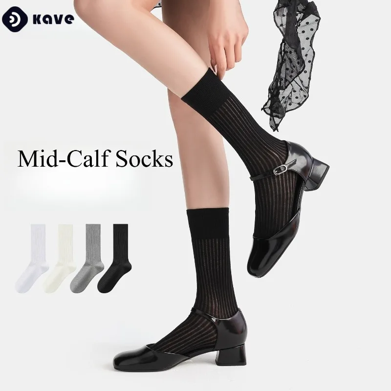 

Kave 2026 New White Thin Mid-Calf Socks Women Spring Summer Breathable Cotton Mesh Slouch Socks Ladies Fashion Calf Sock Hosiery
