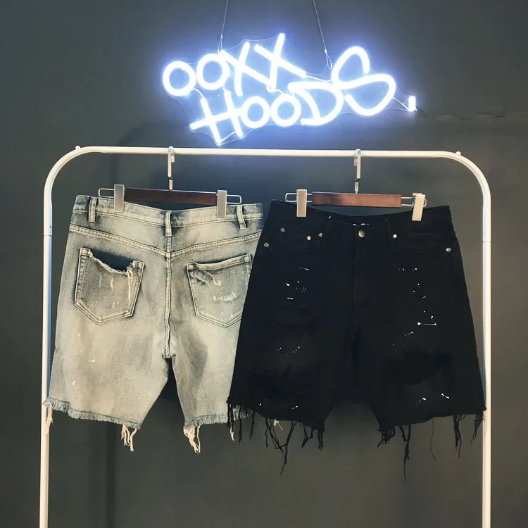 

2023 New Vintage Washed Spray Ink Tassel Workwear Five-Point Jeans Shorts Trendy Unconstrained Men's And Women's Clothing