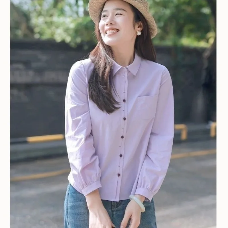 

Women's Light Purple Turn Down Collar Long Sleeve Button Down Shirt With Chest Pocket