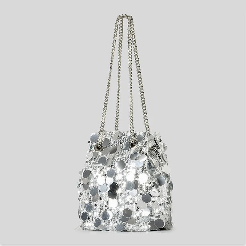 Shinny Sequins Bucket Bag Bling Chains Shoulder Crossbody Bags Summer Party Purses Small Tote Female Purses 2024