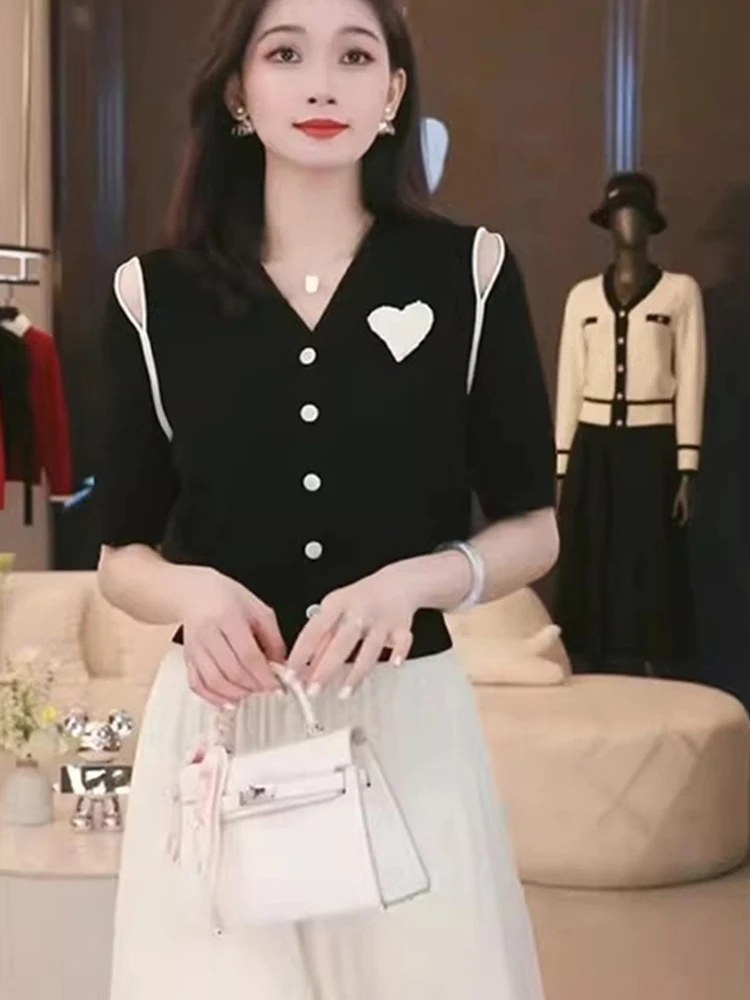 

Faionable V-Ne вязаный открытый кардиган, летний повседневный утягивающий базовый свободный универсальный топ из ледяного шелка, женский корейский слей