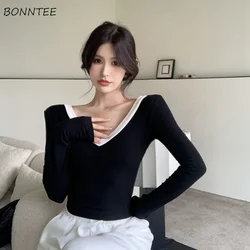 Long Sleeve T-shirt Women Cropped Design Backless Pretty Slim Elegant Sexy Mature Lady Chic V-neck Inside Tops Autumn Trendy Ins