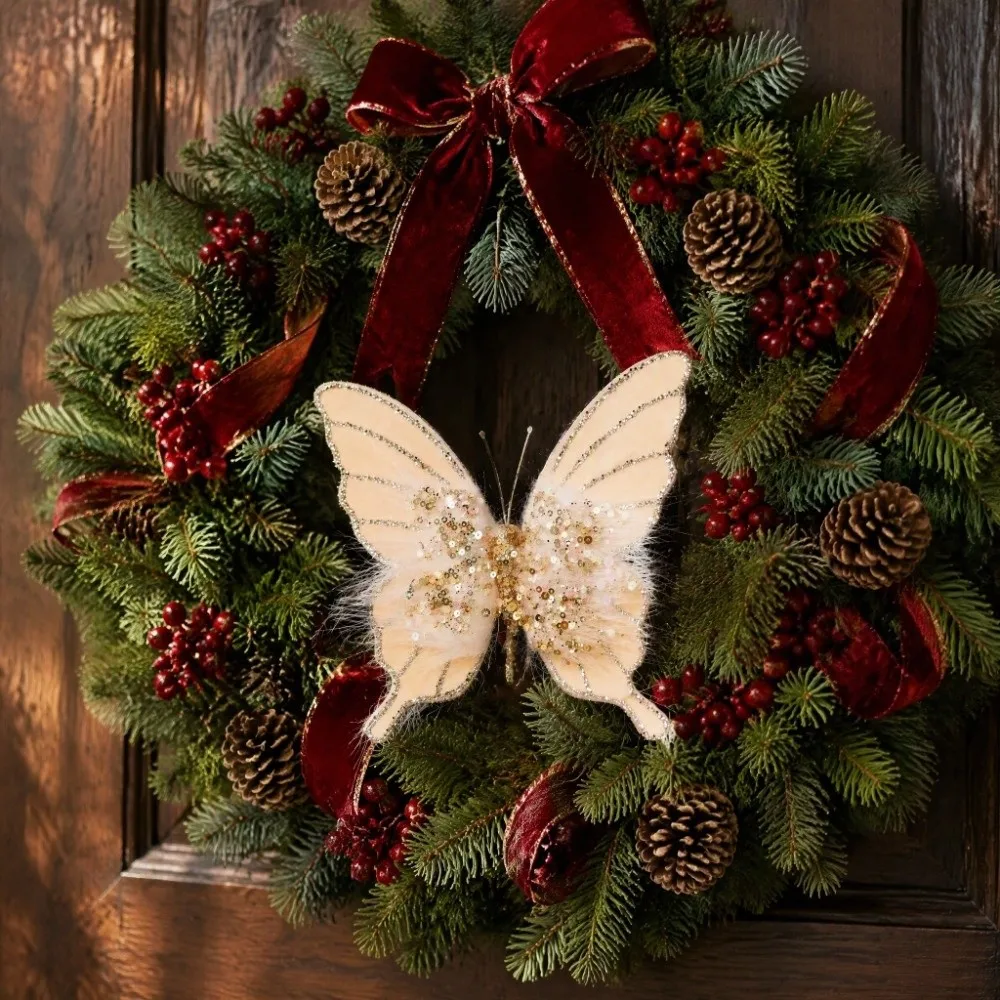 Glitter Christmas Butterfly Ornaments Exquisite Clip-On Artificial Butterfly Pendant Flocking Finish Realistic