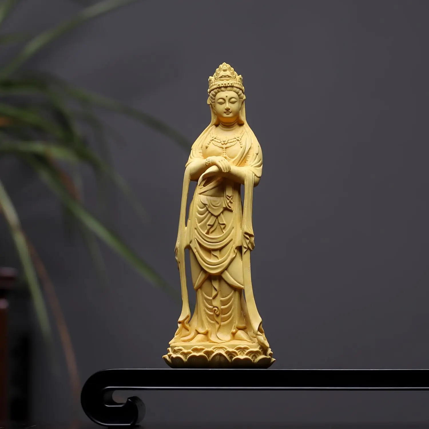 

Hand Carved Boxwood Wooden Standing Guanyin Kuan Yin Bodhisattva Statue Figurine w/ Beads Lotus Base - Spiritual Ornament Home