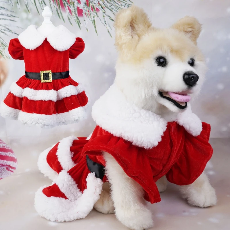 Dog Christmas Costume Puppy Dress Santa Claus Pet Clothes Velvet Skirt Winter Outfit For Small Medium Dogs Cats Warm Coat Xmas