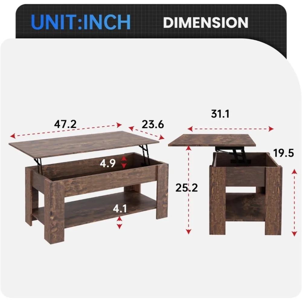 Elevated Coffee Table with Hidden Compartments and Storage Shelves Wooden Elevated Table Top Dining Table for Living Room Home