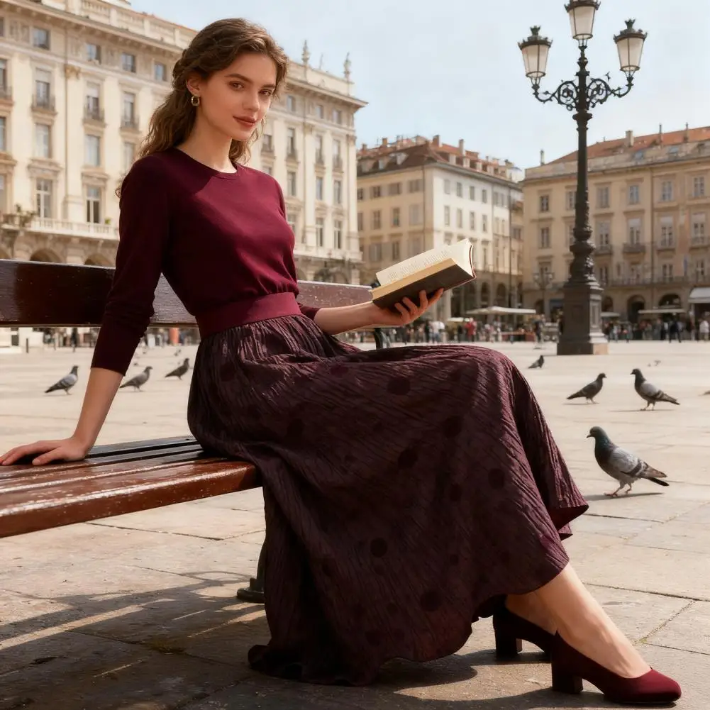 

Women Knitting Skirt High Waist A-Line Large Hem Design Midi Skirt Solid Color Autumn Winter Pleated Skirt Daily Wear