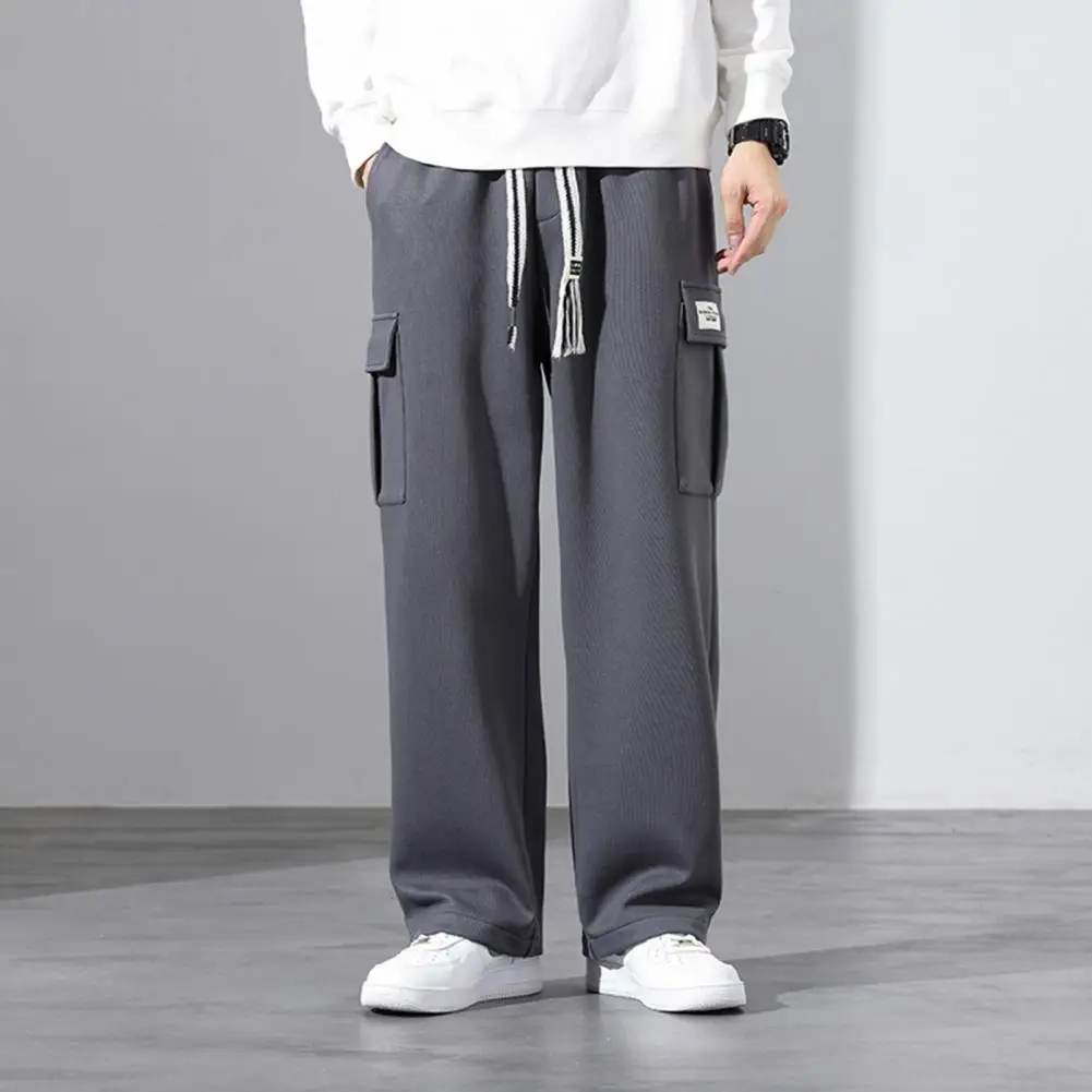 Solid Color Casual Pants Men's Drawstring Elastic Waist Sport Trousers with Multi Pockets for Daily Wear Loose Fit for Fall