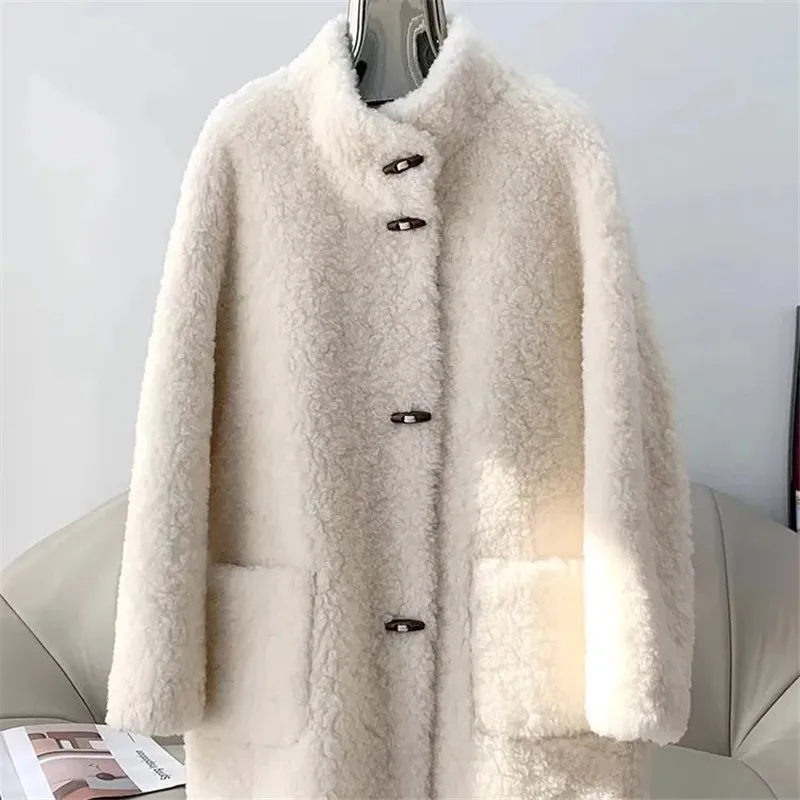 

New Mid-Length Stand Collar Lamb Fur Coat Women Autumn Winter Korean Sheep Sheared Overcoat Female Loose Outerwear T1658
