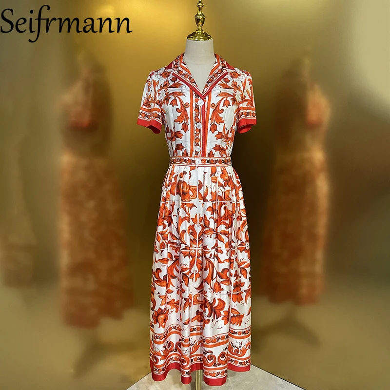 Seifrmann Lässiges bedrucktes Seidenkleid mit V-Ausschnitt, kurzen Ärmeln und mittellanger Taille – Sommer 2026 Damen Neuer Stil
