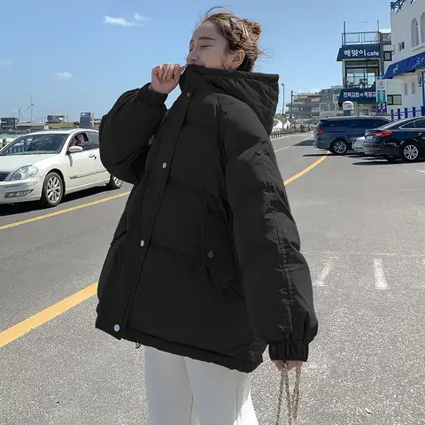 한국어 스타일 겨울 여성 다운 재킷 특대 느슨한 후드 여성 퍼퍼 재킷 짧은 패딩 솔리드 여성 다운 코트