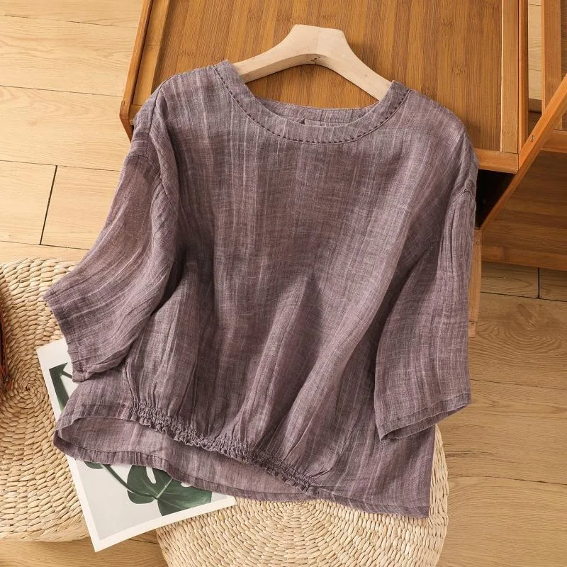 

Женская винтажная льняная блузка с круглым вырезом, рукавом 3/4 и сборчатым подолом, повседневный топ