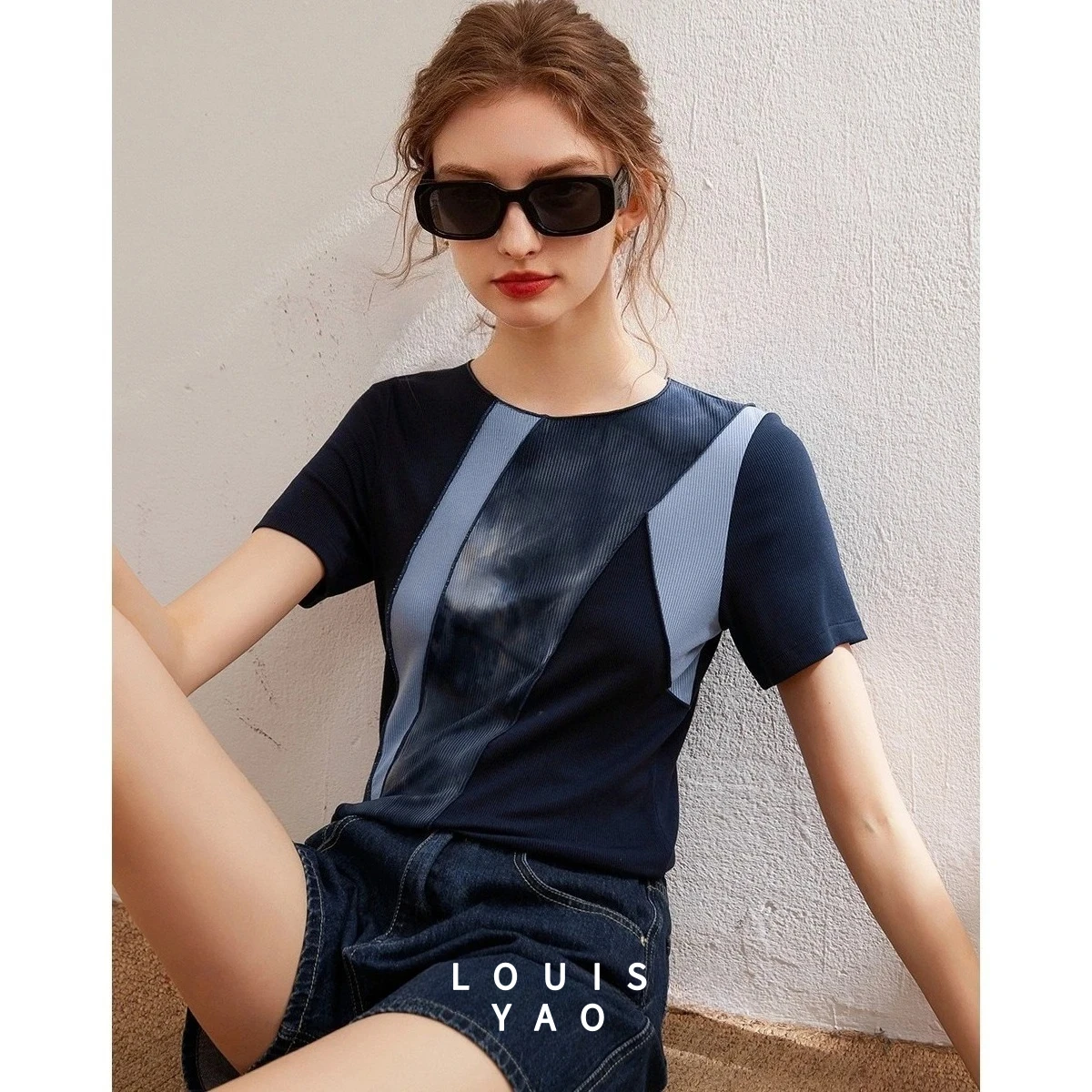 LOUISYAO Elegant Splicing Patchwork T-Shirt Women 2025 Summer Round Neck Slim Short Sleeve Casual Office Lady Tops