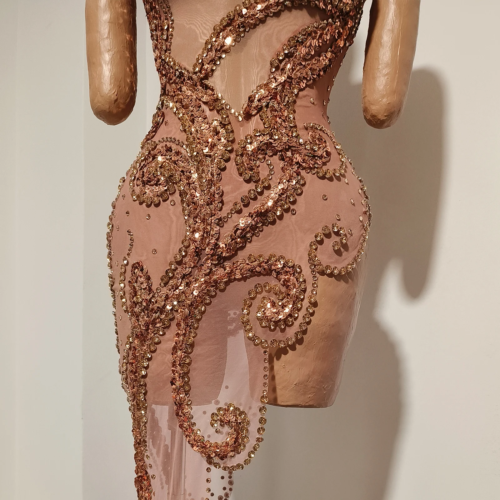 Sexy Mesh Transparent One shoulder  gold dress Sequin Celebrate birthday outfits for women performance costume drag queen show view 4