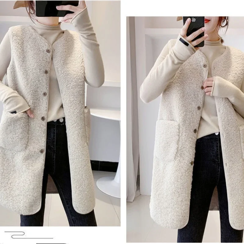 

Women Autumn Winter Faux Lamb Fur Vest Pure Soft Pockets Button Mid-length Style Waistcoat Loose Casual Fleece Cardigan Cloths