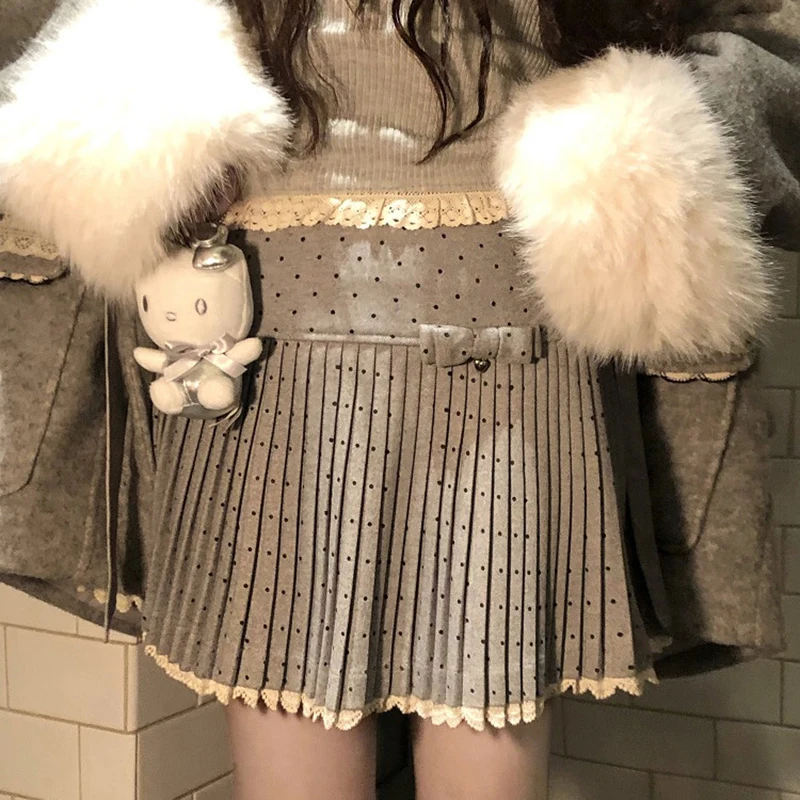 

Корейская мини-юбка в горошек Kawaii, женская мини-юбка Cutecore с бантом, кружевные лоскутные плиссированные юбки, осень-зима, юбка трапециевидной формы Y2k Faldas