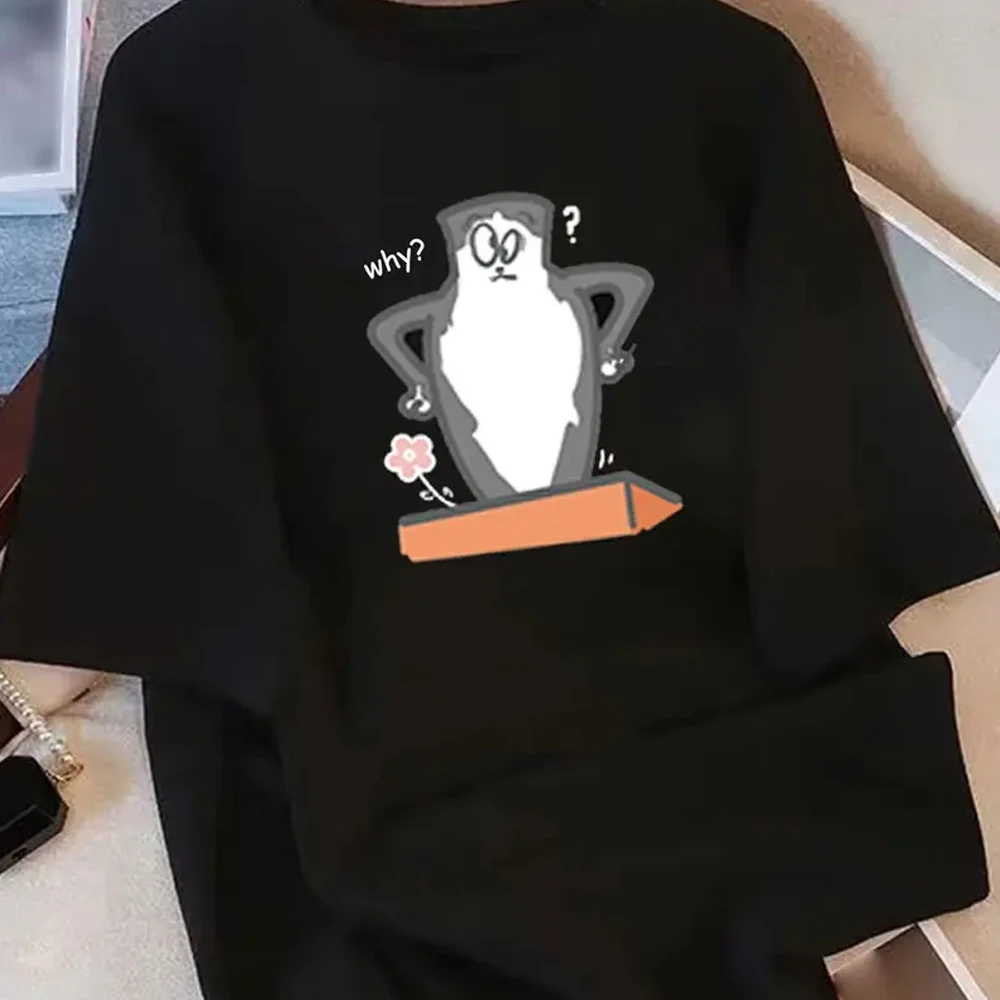 

Women's Y2K Loose T-Shirt - Cute Lazy-Cat "WHY" Graphic Tee Soft Breathable Tops Everyday Casual Outfits - Funny Animal Shirt