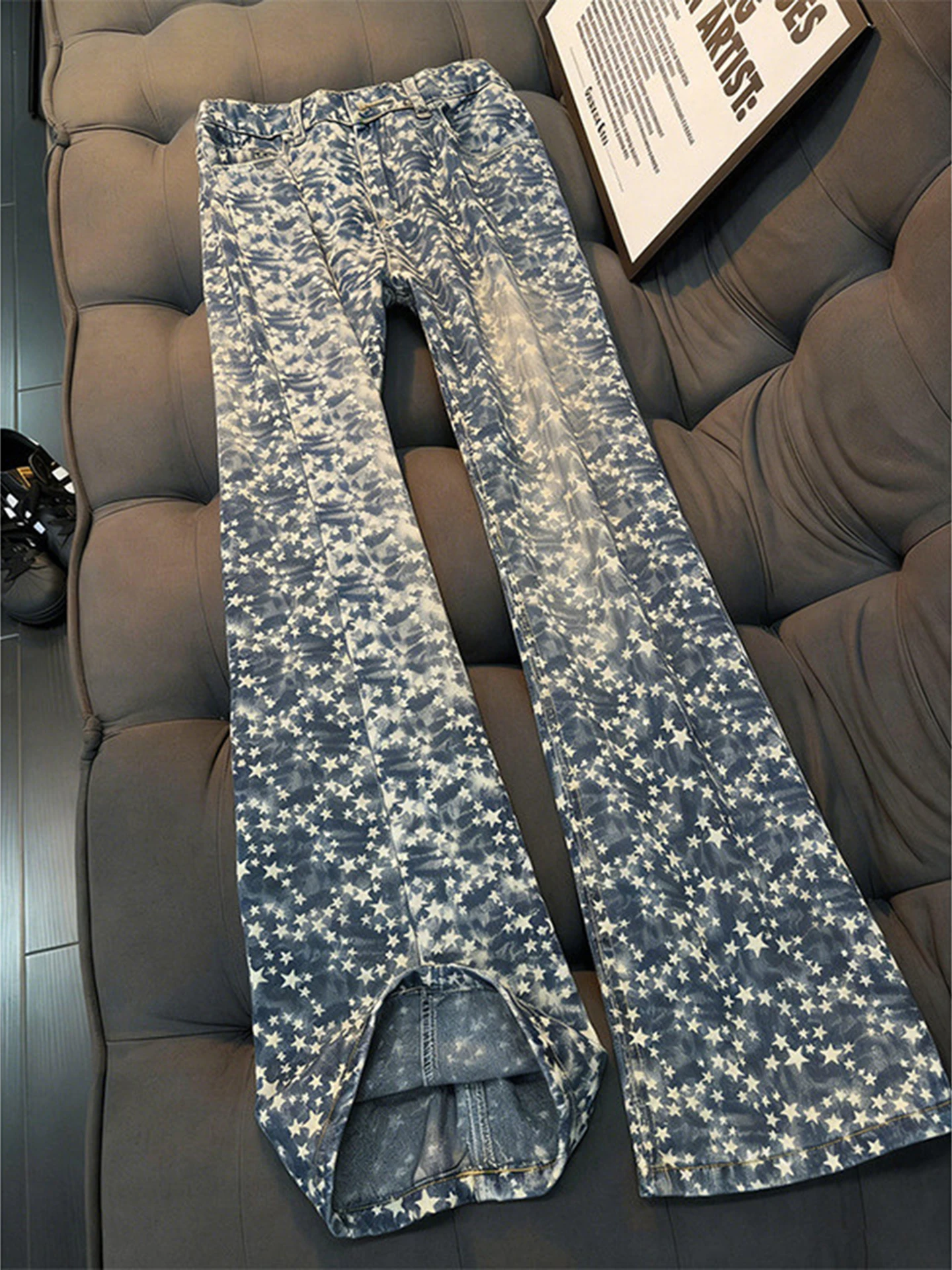 

Stars Printed Embroidered Men's Jeans American High Street Tie Dye Design Micro Flared Straight Leg Cotton Polyester Blend