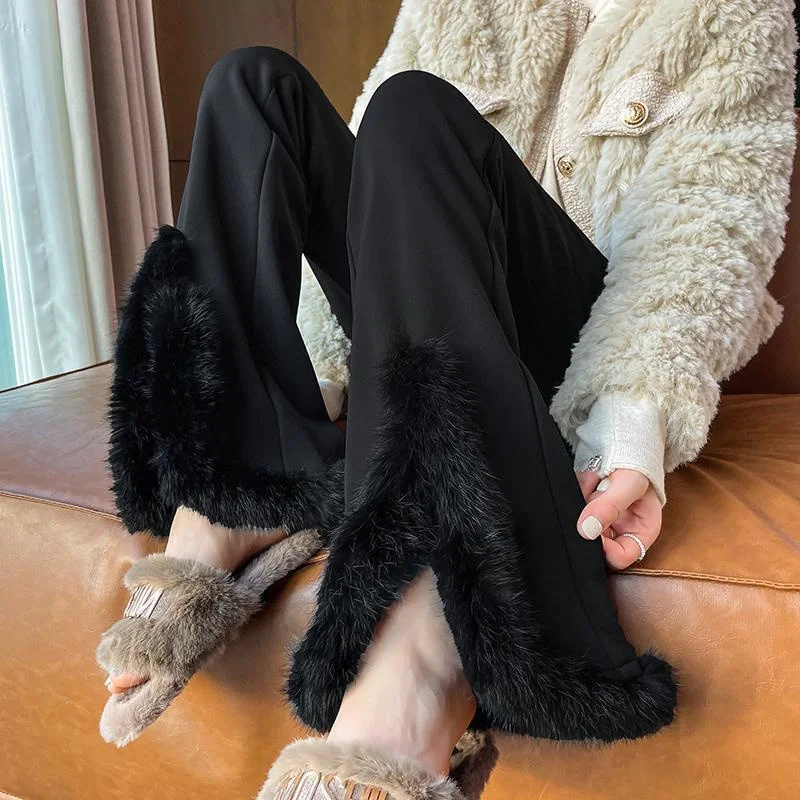Fashion Rabbit Fur Split Horn Suit Pants Women's Autumn Winter 2025 New High-Grade Drape Plus Velvet Pants Black Casual Trousers