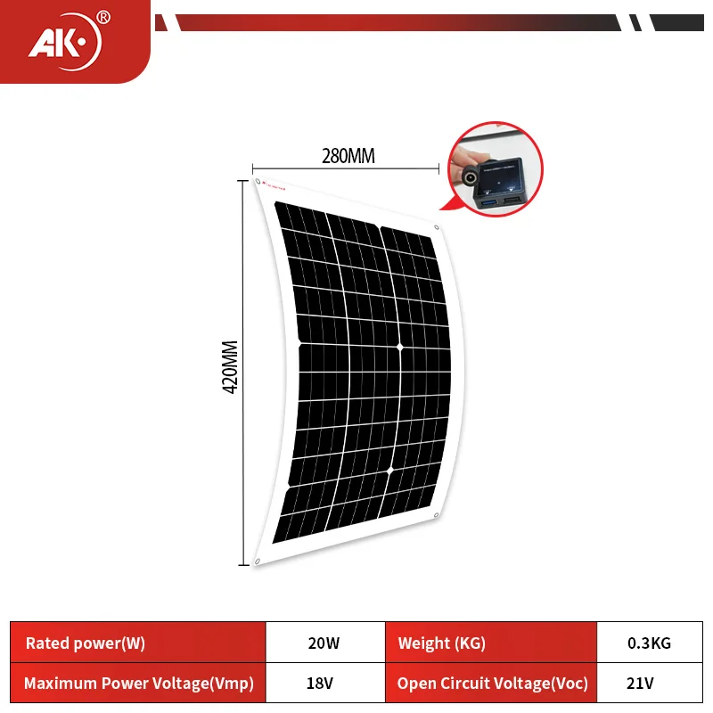 AK 20W flexible solar panel 21v 18v high efficiency battery charger module is suitable for camping car boat RV solar panel