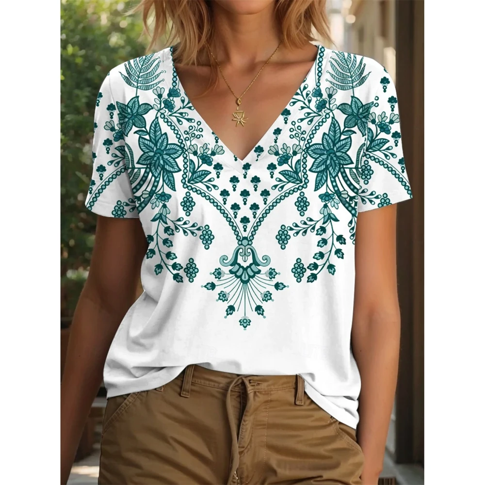 

Summer Floral 3D Print Casual V-Neck Women's T-Shirt Short Sleeve Fashion Top Outdoor Clothes V-Neck Summer Harajuku Women's Top