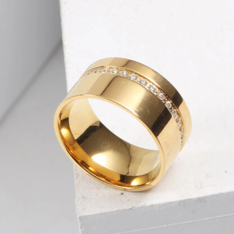 New Fashion Gold Color Shinny Zircon Width Ring for Women Stainless Steel Ring Gold Plated Jewelry