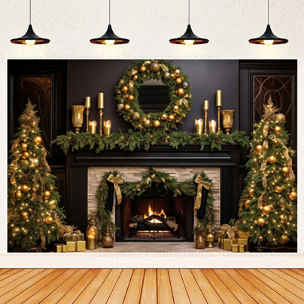 

Christmas Decoration Background 2024 Xmas Green Wall Burning Fireplace Christmas Party Tree Bells Photography Canvas Backdrop