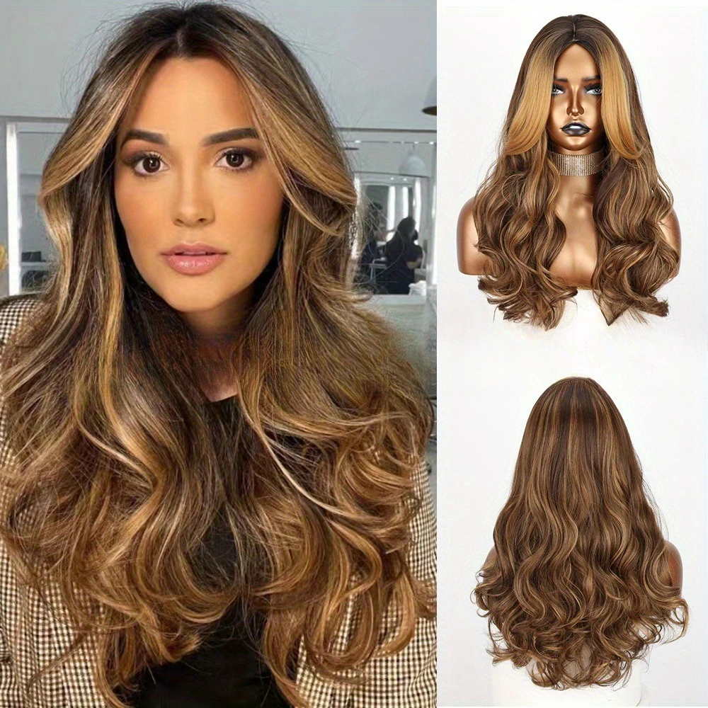 Blonde highlights wig 22 inches long wavy curly hair rose mesh full chemical fiber mechanism wig