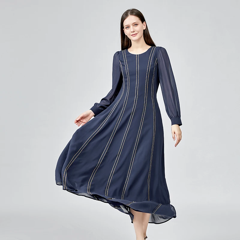 Silk Georgette O-Neck Bright Line Decoration Pleated Dresses Women Office Ladies Shirt Sleeves Literary A-Line Dress AE1237