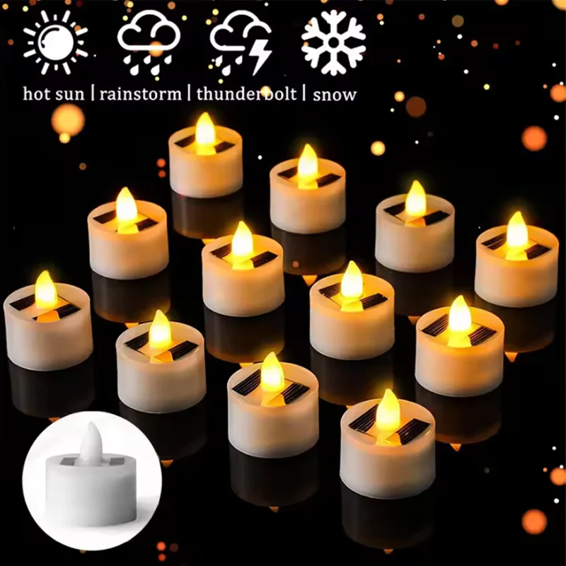 Solar Powered LED Tealight Candles with Realistic Flickering Flame Reusable Waterproof for Outdoor Wedding Party Memorial Decor