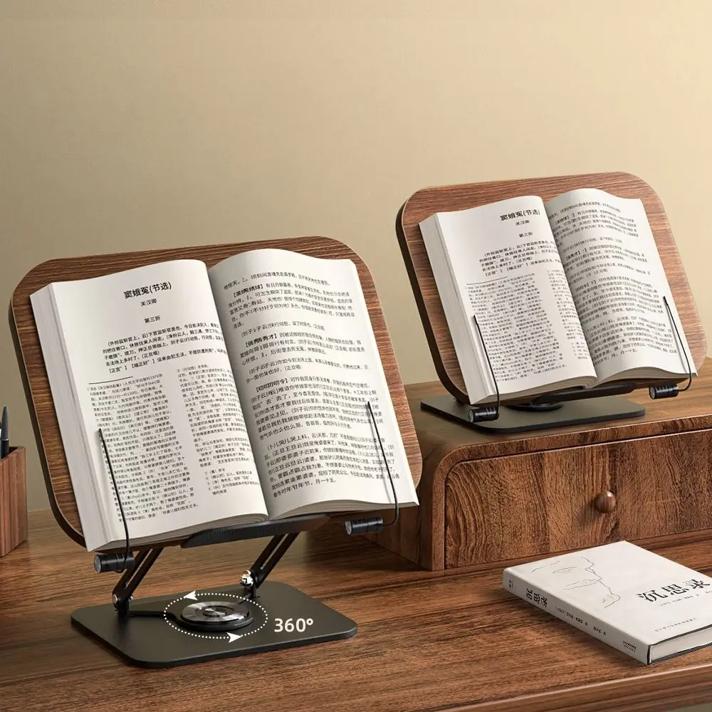 Scaffale da lettura in legno massello pieghevole 360 °   Supporto per libri con base girevole con clip elastiche per pagine Supporto per laptop regolabile per lettori