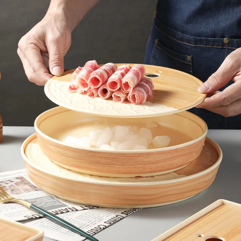 Plastic Dry Ice Tray with Wood Grain Plates Tea Sashimi Sushi Serving Tableware Set for Stylish Presentation