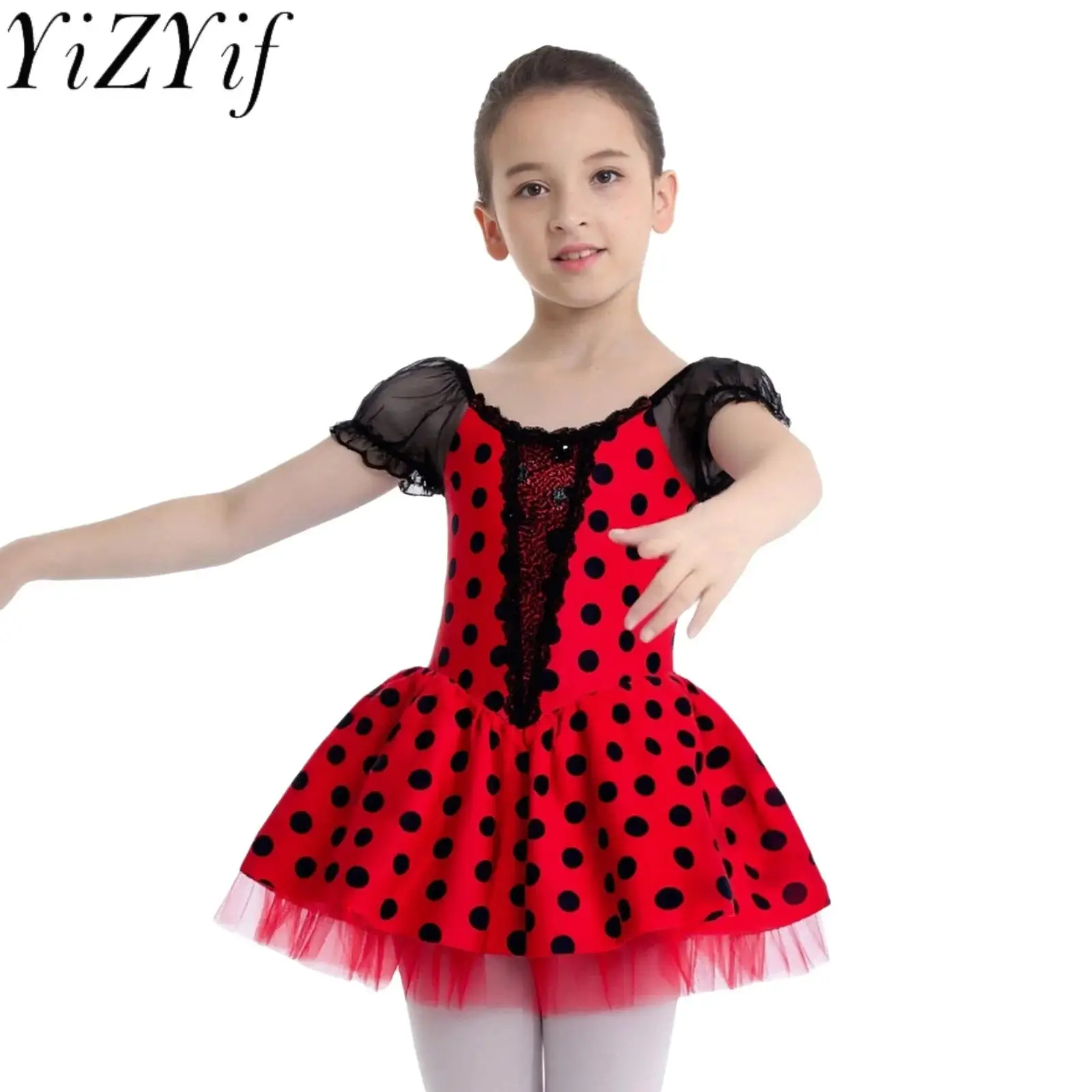 

Kids Girls Swan Ballet Dance Performance Costume Short Puff Sleeves Shiny Sequins Dots Tutu Dress for Ballet Stage Dance Outfits