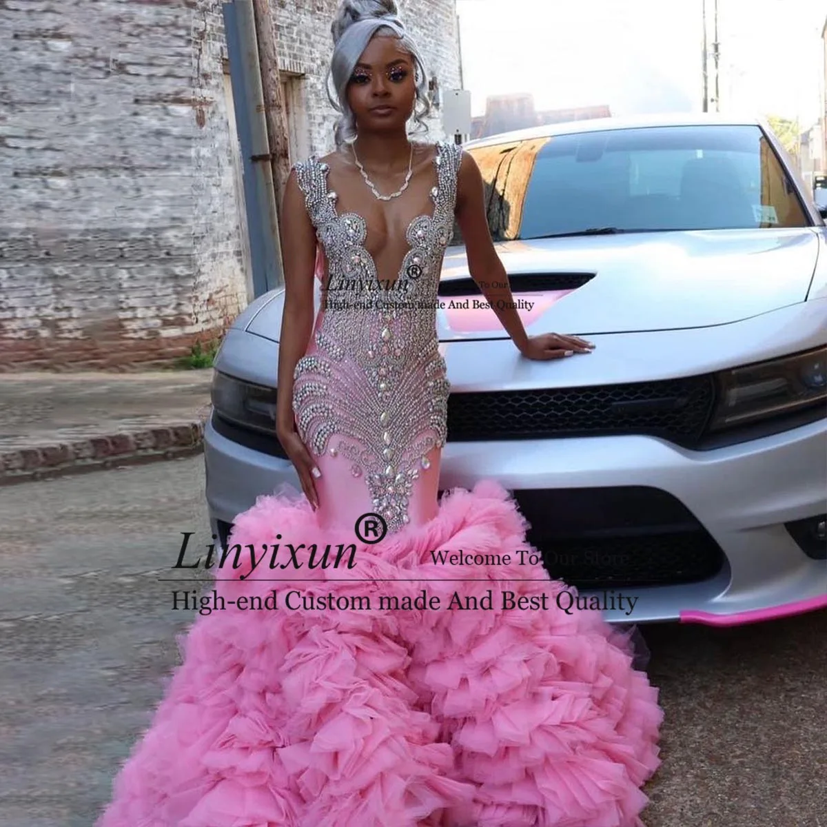 Luxe diamanten galajurk voor zwarte meisjes mouwloos sprankelend kristal ruche zeemeermin kralen avondjurk 2025, op maat