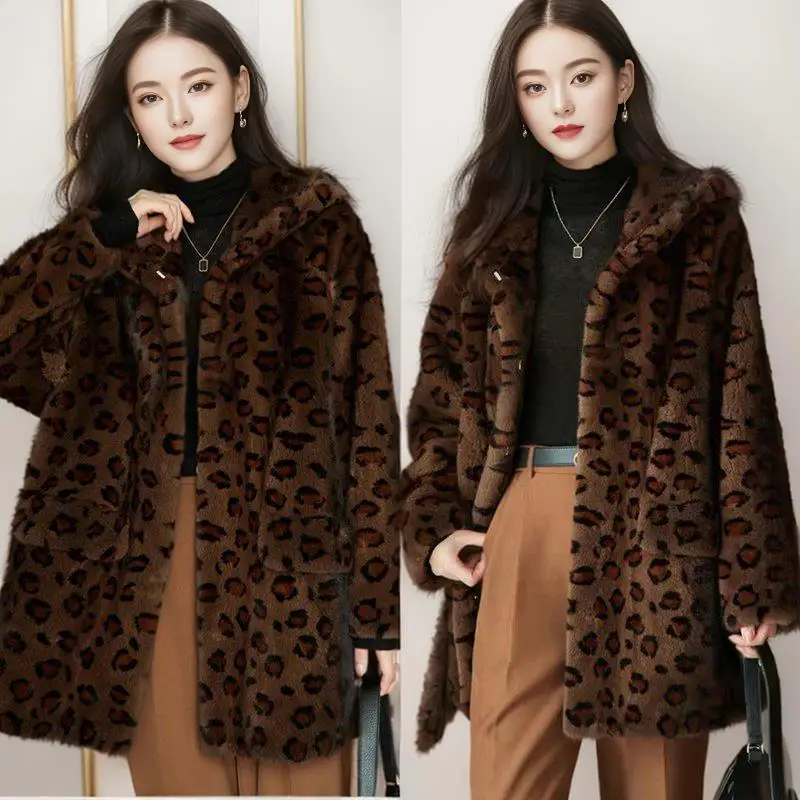 

Удлиненное пальто с капюшоном из искусственного меха, имитация норки, с леопардовым принтом, универсальное, модное, теплое, для повседневной носки, зимнее