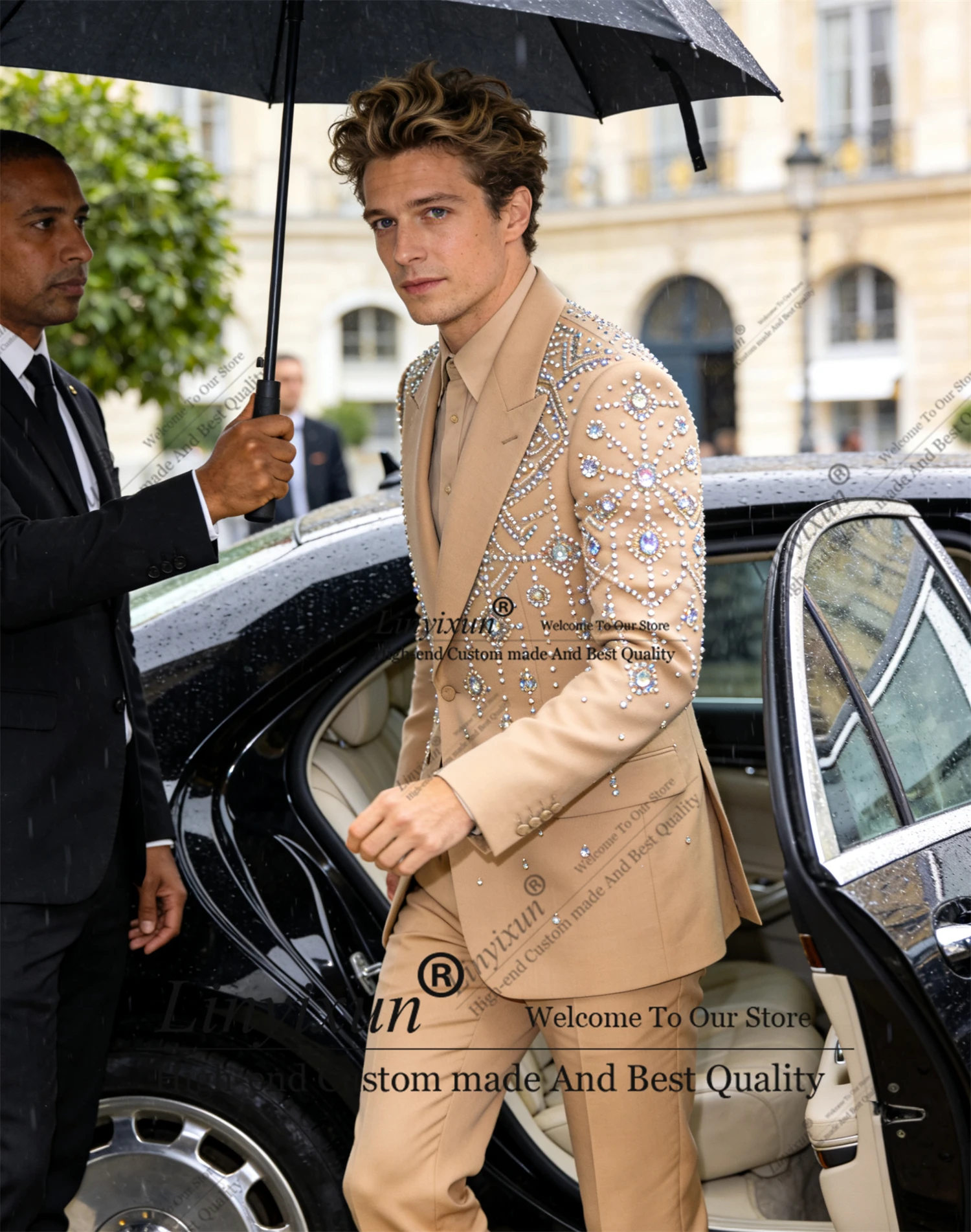 

Formal Rhinestone Crystals Men Suits 2 Pieces Sets Groom Tuxedos Wedding Male Party Blazer Customized Peaked Lapel Ropa Hombre