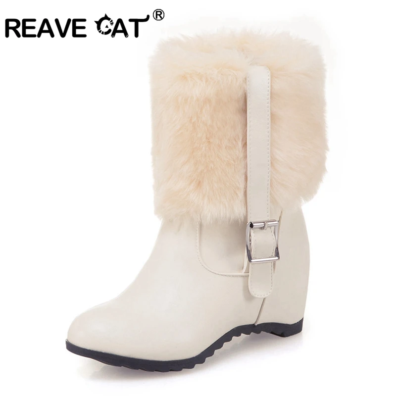 REAVE CAT Fur Midcalf Boots Waterproof 7cm Hidden Wedge Heel 2022 7cm Chunky Heels Small Big 33-43 S2419