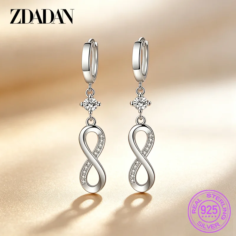 ZDADAN 925 Sterling Silver Curve Eight Long Dangle Earrings For Women Fashion Party Jewelry Gift