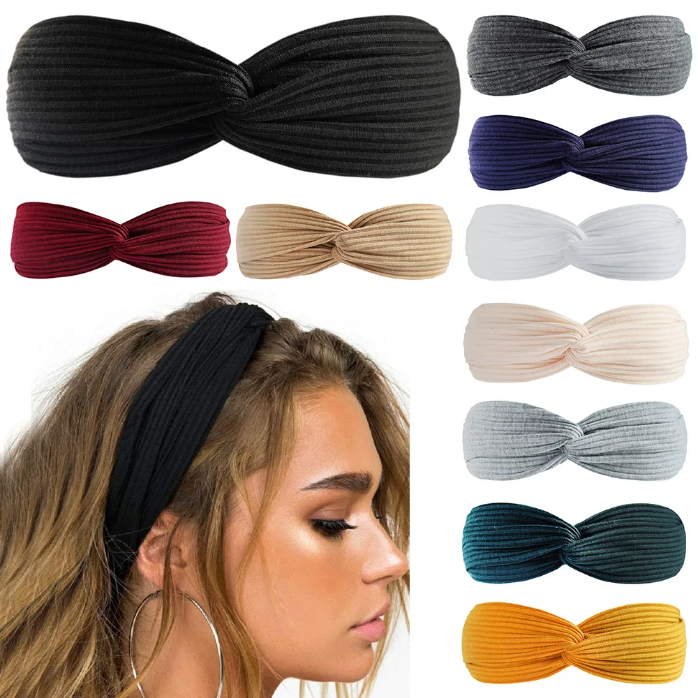 Amazon elastic  headband solid color knitted elastic headband women's hair accessories hairband headwear